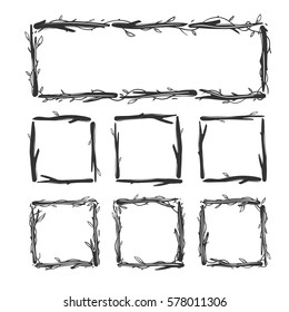 Set of floral frames with sticks and branches isolated on white. Vector floral square frames.