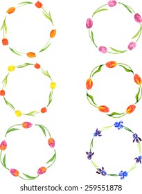 set of floral frames with watercolor drawing tulips and irises, hand drawn vector illustration