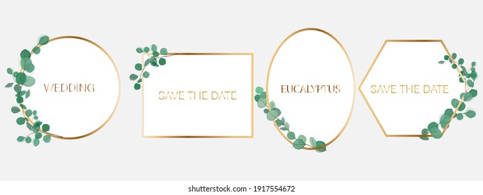 Conjunto de marcos florales con hojas de eucalipto de acuarelaTarjeta de diseño floral vectorial. Invitación botánica para la boda, invitación a plantilla. Poliedro geométrico, círculo, cuadrado, oval