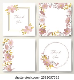 Set of floral frames, wreath with golden leaves and gentle meadow flowers. Botanical templates. 