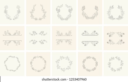 Set of floral frames and wreaths with plant. Flower decoration for greeting card. Vinage border.