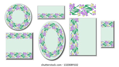 Set of floral frames/cards with irises. Vector brush.