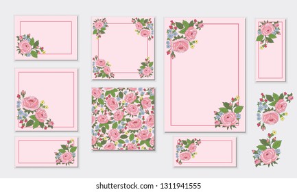 Set of floral frames/cards with roses. Vector design elements.