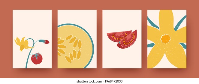 Set of floral, fruit and vegetable vector illustrations. Vector illustration. Collection of contemporary natural elements in pastel colors. Nature, vegetable, flower concept for social media design
