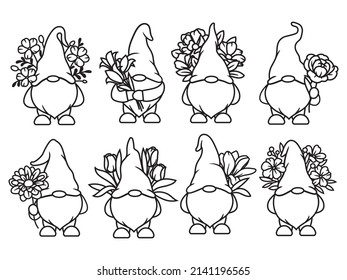 Set Of Floral Garden Gnomes. Collection Of Cute Holidays Gnome With Flowers. Vector Illustration For Spring Postcard. Drawing For Children.