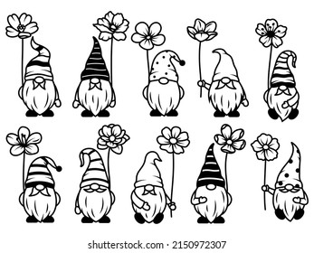 Set Blumengartenzwiebeln. Sammlung von süßen Ferien Gnome mit Blumen. Vektorgrafik für die Frühlingspostkarte. Zeichnen für Kinder.