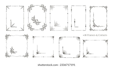 Set of floral and geometric celestial frames, magic space ornate corners with mystic insects, fern leaves, moons, abstract decorative elements, vector clip arts made in bundle