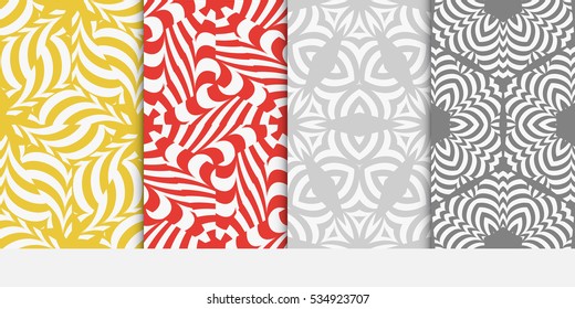 set of floral geometric ornament on red, yellow, grey background. Seamless vector illustration. For interior design, wallpaper