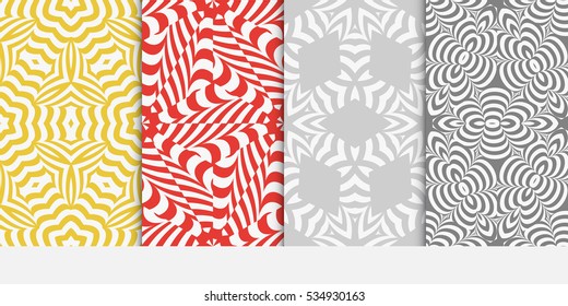 set of floral geometric ornament on red, yellow, grey background. Seamless vector illustration. For interior design, wallpaper