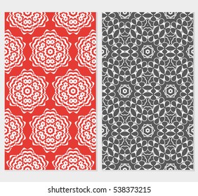 set of floral geometric ornament on red, yellow, grey background. Seamless vector illustration. For interior design, wallpaper
