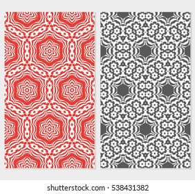 set of floral geometric ornament on red, yellow, grey background. Seamless vector illustration. For interior design, wallpaper