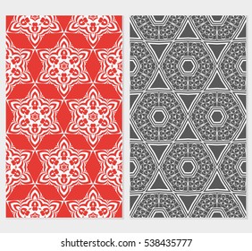 set of floral geometric ornament on red, yellow, grey background. Seamless vector illustration. For interior design, wallpaper