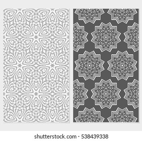 set of floral geometric ornament on red, yellow, grey background. Seamless vector illustration. For interior design, wallpaper