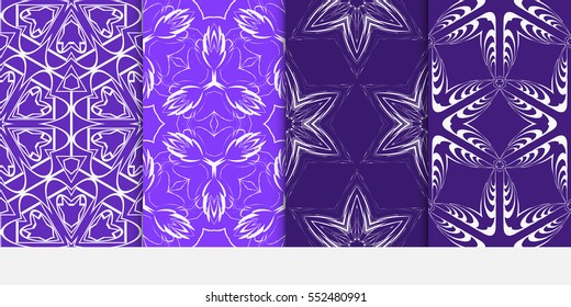 set of floral geometric ornament on purple background. Seamless vector illustration. For interior design, wallpaper