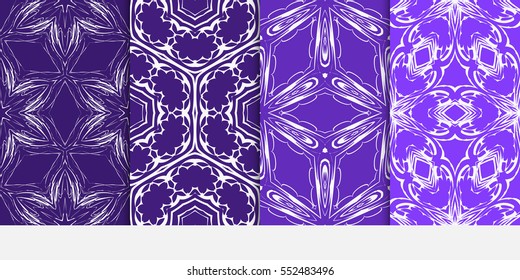 set of floral geometric ornament on purple background. Seamless vector illustration. For interior design, wallpaper