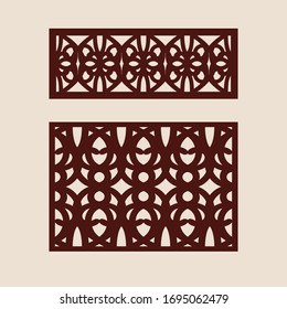 Set floral geometric ornaments. Collection of decorative panel templates. The drawing is suitable for cutting paper, printing, laser cutting or engraving wood, metal. Manufacturer of stencils. Vector