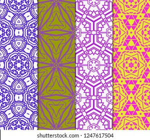 Set Of Floral Geometric Seamless Pattern. Vector Illustration. For Modern Interior Design, Fashion Textile Print, Wallpaper, Decor Panel
