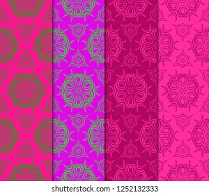 Set Of Floral Geometric Seamless Pattern. Vector Illustration. For Modern Interior Design, Fashion Textile Print, Wallpaper, Decor Panel