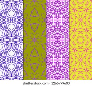 Set Of Floral Geometric Seamless Pattern. Vector Illustration. For Modern Interior Design, Fashion Textile Print, Wallpaper, Decor Panel