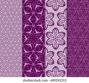 set of floral geometric seamless pattern. Vector illustration. for modern interior design, fashion textile print, wallpaper, decor panel. purple color