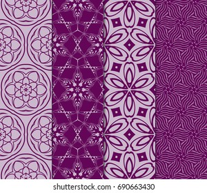 set of floral geometric seamless pattern. Vector illustration. for modern interior design, fashion textile print, wallpaper, decor panel. purple color