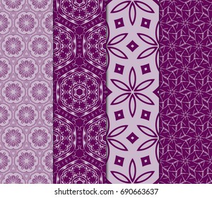 set of floral geometric seamless pattern. Vector illustration. for modern interior design, fashion textile print, wallpaper, decor panel. purple color