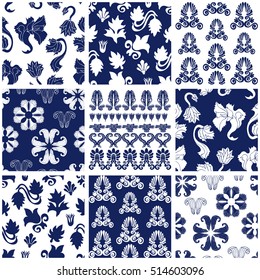 Set of floral and geometrical seamless patterns with leaves and flowers. Greek, French and Italian motifs. Ancient style borders, damask ornaments, baroque prints. Retro collection. Blue, white.