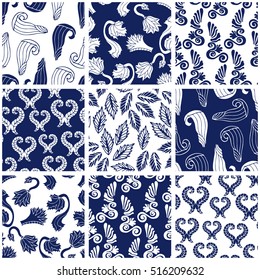 Set of floral and geometrical seamless patterns with leaves and flowers. Greek, French and Italian motifs. Ancient style borders, damask ornaments, rococo prints. Retro collection. Blue, white.