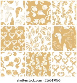 Set of floral and geometrical seamless patterns with leaves and flowers. Greek, French and Italian motifs. Ancient style borders, damask ornaments, rococo prints. Retro collection. Golden, white.
