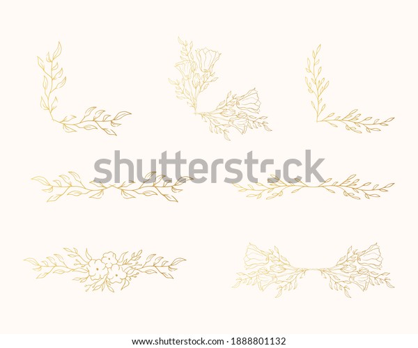 Set of floral golden borders for invitations.\
Elegant gold branch dividers and corners. Vector isolated spring\
flourish page break\
laurels.