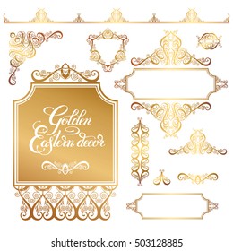 set of floral golden eastern decor frame elements, paisley pattern collection for wedding invitation, birthday greeting card, packaging, party flayer and other design, calligraphy vector illustration