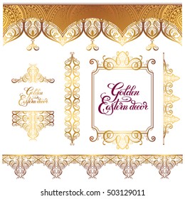 set of floral golden eastern decor frame elements, paisley pattern collection for wedding invitation, birthday greeting card, packaging, party flayer and other design, calligraphy vector illustration