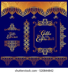 set of floral golden eastern decor frame elements, paisley pattern collection for wedding invitation, birthday greeting card, packaging, party flayer and other design, calligraphy vector