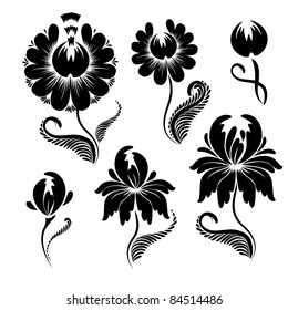 Set of floral graphic design elements. Basic elements are grouped.