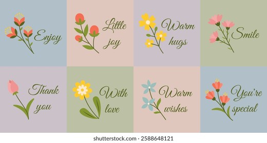 Set of Floral Greeting Card Designs with Inspirational Quotes in the style of With Love. Illustration with Elegant Hand-Drawn Flowers and Calligraphic Text for Postcards, Invitations, and Prints