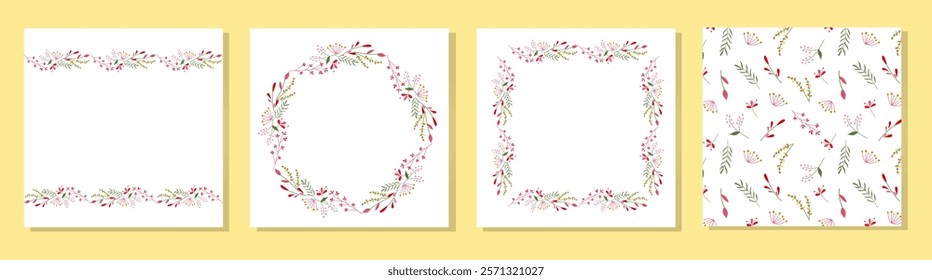 Set of  floral greeting cards with beautiful blossom flowers, and seamless pattern. Cute postcards with delicate flowers. Vector templates for card, poster, flyer, banner, cover,  label, and tag.