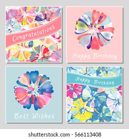 Set of floral greeting cards with exotic colorful flowers. Universal congratulation with Valentine's Day, Mother's Day, International Women's Day, birthday, anniversary, wedding.