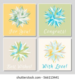 Set of floral greeting cards with exotic colorful flowers. Universal congratulation with Valentine's Day, Mother's Day, International Women's Day, birthday, anniversary, wedding.