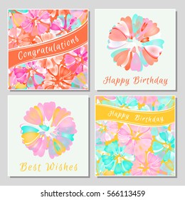 Set of floral greeting cards with exotic colorful flowers. Universal congratulation with Valentine's Day, Mother's Day, International Women's Day, birthday, anniversary, wedding.