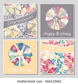 Set of floral greeting cards with exotic colorful flowers. Universal congratulation with Valentine's Day, Mother's Day, International Women's Day, birthday, anniversary, wedding.
