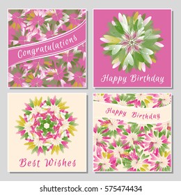 Set of floral greeting cards with exotic colorful flowers. Universal congratulation with Valentine's Day, Mother's Day, International Women's Day, birthday, anniversary, wedding.