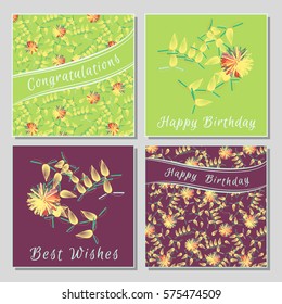 Set of floral greeting cards with exotic colorful flowers. Universal congratulation with Valentine's Day, Mother's Day, International Women's Day, birthday, anniversary, wedding.