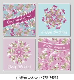 Set of floral greeting cards with exotic colorful flowers. Universal congratulation with Valentine's Day, Mother's Day, International Women's Day, birthday, anniversary, wedding.