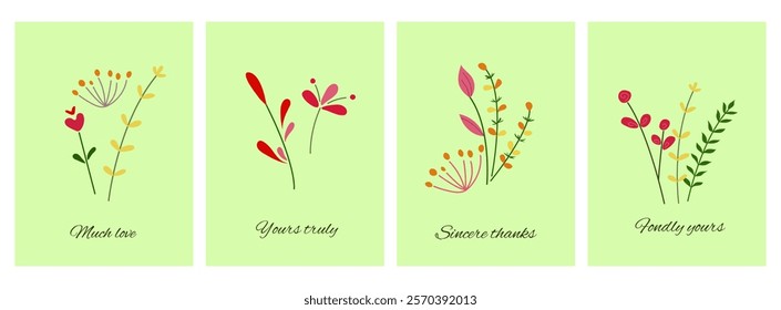 Set of floral greeting cards in flat style. Floral greeting cards with inscriptions. Flowers and leaves.