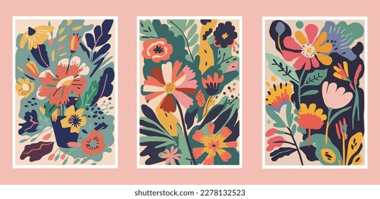 Set of floral greeting cards. Hand drawn vector illustration in pastel colors. wall art print poster