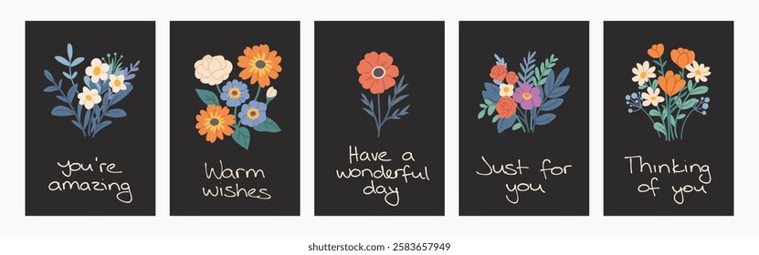 Set of floral greeting cards with wishes. Flat bouquets of flowers on black background with inscriptions. Spring greeting cards design in pastel colors