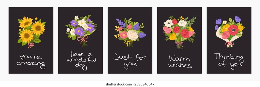 Set of floral greeting cards with wishes. Flat bouquets of flowers on black background with inscriptions. Spring greeting cards design