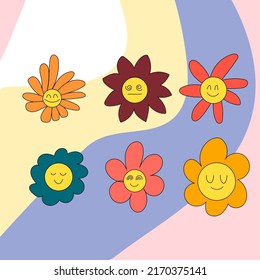 Set floral groovy daisies. Groovy trippy daisy