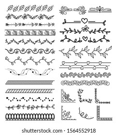 Set of floral hand drawn border. Vector illustration.