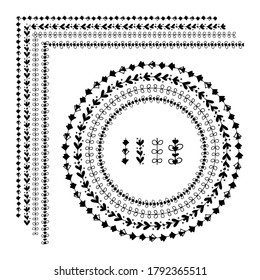 Set of floral hand drawn border. Set of vector graphic circle frames